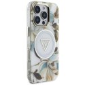 Guess Glitter Flowers Triangle Buttons MagSafe - Etui do iPhone 16 Pro (biały)