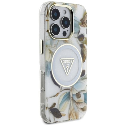 Guess Glitter Flowers Triangle Buttons MagSafe - Etui do iPhone 16 Pro (biały) Guess Glitter Flowers Triangle Buttons MagSafe - Etui do iPhone 16 Pro (biały)