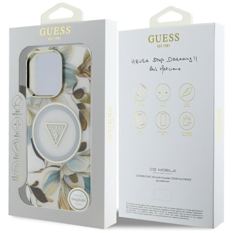 Guess Glitter Flowers Triangle Buttons MagSafe - Etui do iPhone 16 Pro (biały) Guess Glitter Flowers Triangle Buttons MagSafe - Etui do iPhone 16 Pro (biały)