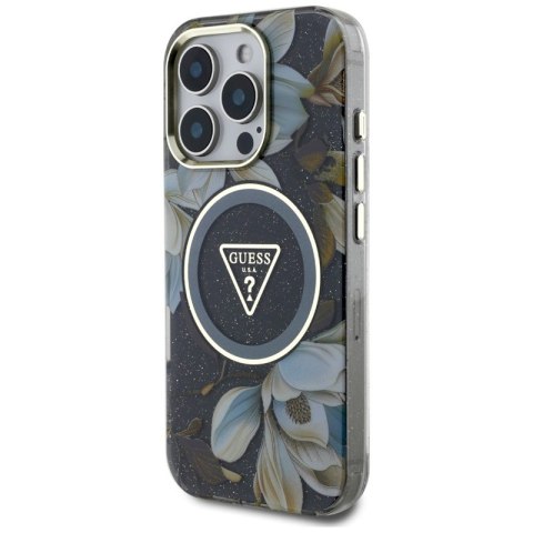 Guess Glitter Flowers Triangle Buttons MagSafe - Etui do iPhone 16 Pro (czarny) Guess Glitter Flowers Triangle Buttons MagSafe - Etui do iPhone 16 Pro (czarny)