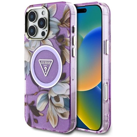 Guess Glitter Flowers Triangle Buttons MagSafe - Etui do iPhone 16 Pro (fioletowy) Guess Glitter Flowers Triangle Buttons MagSafe - Etui do iPhone 16 Pro (fioletowy)