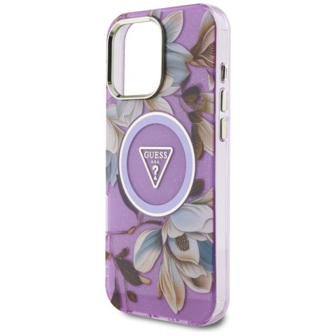 Guess Glitter Flowers Triangle Buttons MagSafe - Etui do iPhone 16 Pro (fioletowy) Guess Glitter Flowers Triangle Buttons MagSafe - Etui do iPhone 16 Pro (fioletowy)