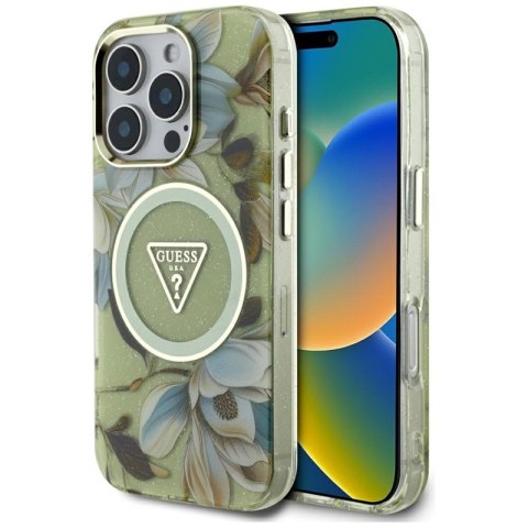 Guess Glitter Flowers Triangle Buttons MagSafe - Etui do iPhone 16 Pro (zielony) Guess Glitter Flowers Triangle Buttons MagSafe - Etui do iPhone 16 Pro (zielony)