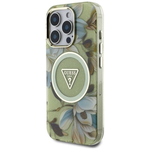Guess Glitter Flowers Triangle Buttons MagSafe - Etui do iPhone 16 Pro (zielony) Guess Glitter Flowers Triangle Buttons MagSafe - Etui do iPhone 16 Pro (zielony)