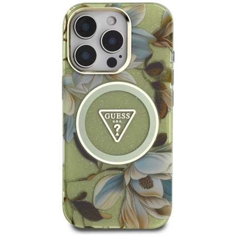 Guess Glitter Flowers Triangle Buttons MagSafe - Etui do iPhone 16 Pro (zielony) Guess Glitter Flowers Triangle Buttons MagSafe - Etui do iPhone 16 Pro (zielony)