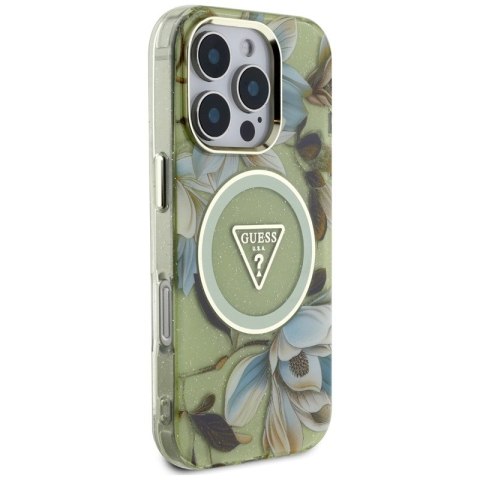 Guess Glitter Flowers Triangle Buttons MagSafe - Etui do iPhone 16 Pro (zielony) Guess Glitter Flowers Triangle Buttons MagSafe - Etui do iPhone 16 Pro (zielony)
