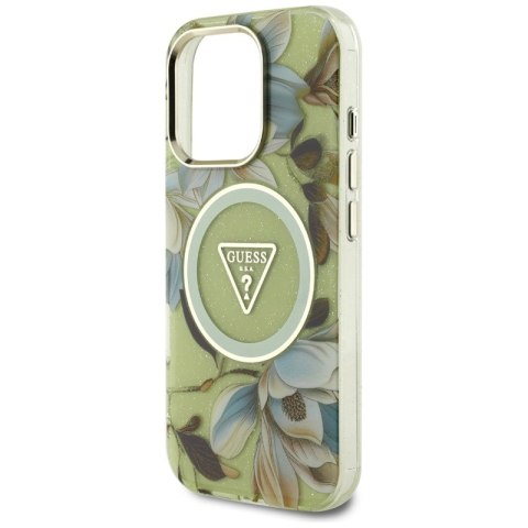 Guess Glitter Flowers Triangle Buttons MagSafe - Etui do iPhone 16 Pro (zielony) Guess Glitter Flowers Triangle Buttons MagSafe - Etui do iPhone 16 Pro (zielony)