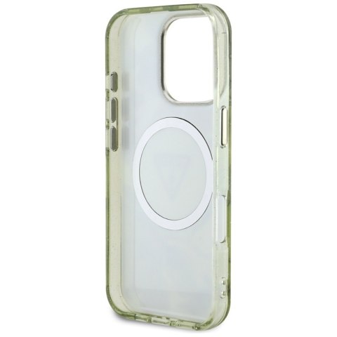 Guess Glitter Flowers Triangle Buttons MagSafe - Etui do iPhone 16 Pro (zielony) Guess Glitter Flowers Triangle Buttons MagSafe - Etui do iPhone 16 Pro (zielony)