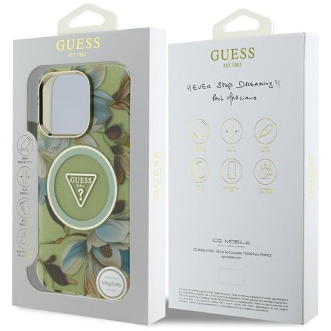 Guess Glitter Flowers Triangle Buttons MagSafe - Etui do iPhone 16 Pro (zielony) Guess Glitter Flowers Triangle Buttons MagSafe - Etui do iPhone 16 Pro (zielony)