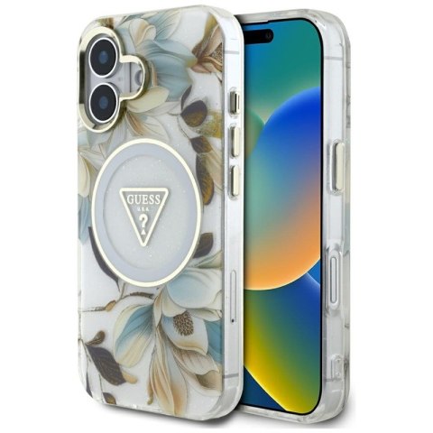 Guess Glitter Flowers Triangle Buttons MagSafe - Etui do iPhone 16 (biały) Guess Glitter Flowers Triangle Buttons MagSafe - Etui do iPhone 16 (biały)