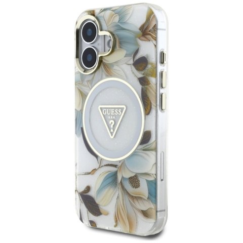Guess Glitter Flowers Triangle Buttons MagSafe - Etui do iPhone 16 (biały) Guess Glitter Flowers Triangle Buttons MagSafe - Etui do iPhone 16 (biały)