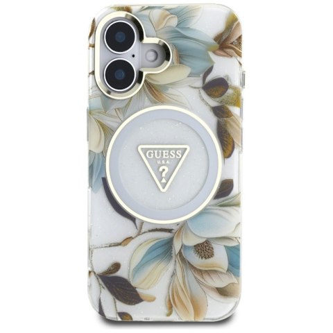 Guess Glitter Flowers Triangle Buttons MagSafe - Etui do iPhone 16 (biały) Guess Glitter Flowers Triangle Buttons MagSafe - Etui do iPhone 16 (biały)