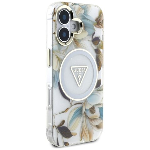 Guess Glitter Flowers Triangle Buttons MagSafe - Etui do iPhone 16 (biały) Guess Glitter Flowers Triangle Buttons MagSafe - Etui do iPhone 16 (biały)