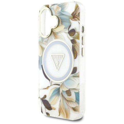 Guess Glitter Flowers Triangle Buttons MagSafe - Etui do iPhone 16 (biały) Guess Glitter Flowers Triangle Buttons MagSafe - Etui do iPhone 16 (biały)