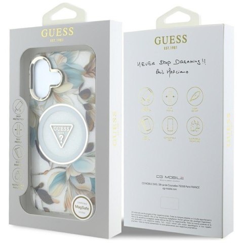 Guess Glitter Flowers Triangle Buttons MagSafe - Etui do iPhone 16 (biały) Guess Glitter Flowers Triangle Buttons MagSafe - Etui do iPhone 16 (biały)