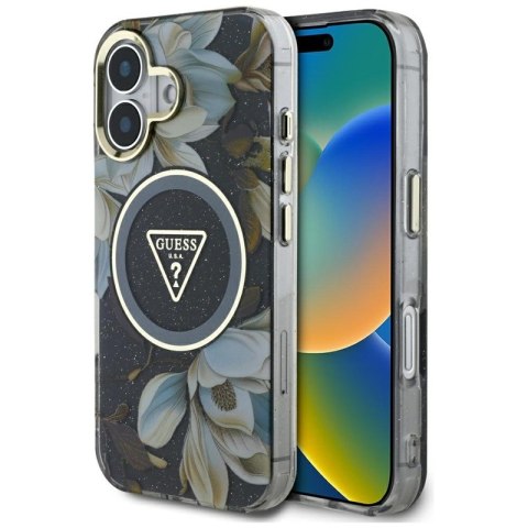 Guess Glitter Flowers Triangle Buttons MagSafe - Etui do iPhone 16 (czarny) Guess Glitter Flowers Triangle Buttons MagSafe - Etui do iPhone 16 (czarny)