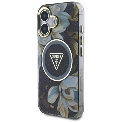 Guess Glitter Flowers Triangle Buttons MagSafe - Etui do iPhone 16 (czarny) Guess Glitter Flowers Triangle Buttons MagSafe - Etui do iPhone 16 (czarny)