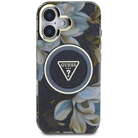 Guess Glitter Flowers Triangle Buttons MagSafe - Etui do iPhone 16 (czarny) Guess Glitter Flowers Triangle Buttons MagSafe - Etui do iPhone 16 (czarny)