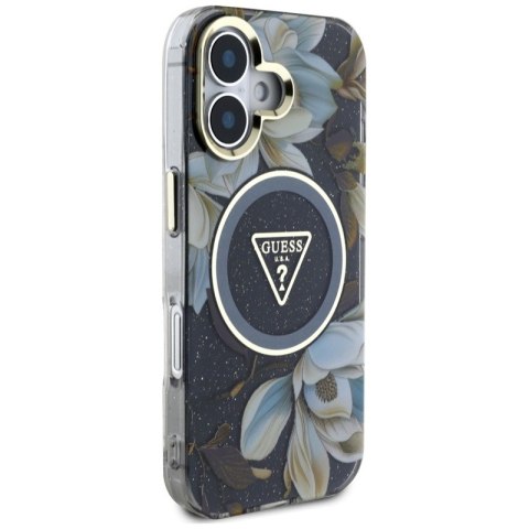 Guess Glitter Flowers Triangle Buttons MagSafe - Etui do iPhone 16 (czarny) Guess Glitter Flowers Triangle Buttons MagSafe - Etui do iPhone 16 (czarny)