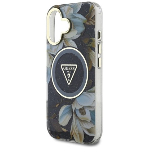 Guess Glitter Flowers Triangle Buttons MagSafe - Etui do iPhone 16 (czarny) Guess Glitter Flowers Triangle Buttons MagSafe - Etui do iPhone 16 (czarny)