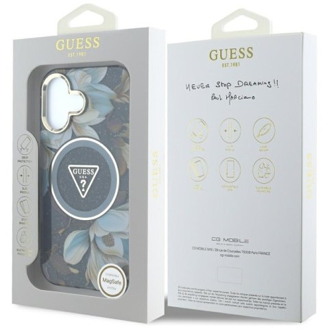 Guess Glitter Flowers Triangle Buttons MagSafe - Etui do iPhone 16 (czarny) Guess Glitter Flowers Triangle Buttons MagSafe - Etui do iPhone 16 (czarny)