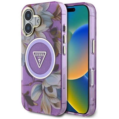 Guess Glitter Flowers Triangle Buttons MagSafe - Etui do iPhone 16 (fioletowy) Guess Glitter Flowers Triangle Buttons MagSafe - Etui do iPhone 16 (fioletowy)