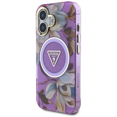 Guess Glitter Flowers Triangle Buttons MagSafe - Etui do iPhone 16 (fioletowy) Guess Glitter Flowers Triangle Buttons MagSafe - Etui do iPhone 16 (fioletowy)