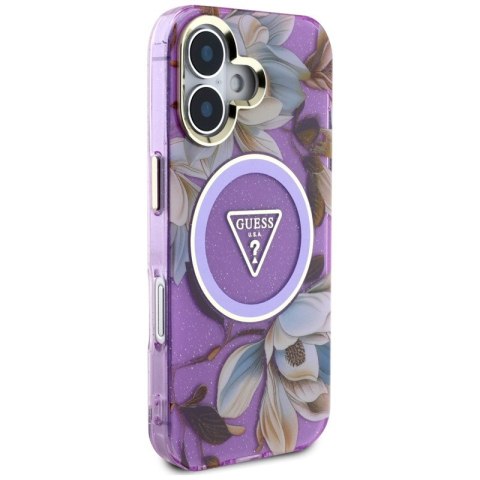 Guess Glitter Flowers Triangle Buttons MagSafe - Etui do iPhone 16 (fioletowy) Guess Glitter Flowers Triangle Buttons MagSafe - Etui do iPhone 16 (fioletowy)