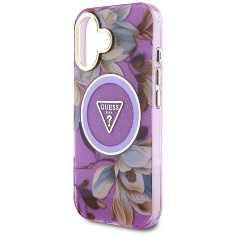 Guess Glitter Flowers Triangle Buttons MagSafe - Etui do iPhone 16 (fioletowy) Guess Glitter Flowers Triangle Buttons MagSafe - Etui do iPhone 16 (fioletowy)