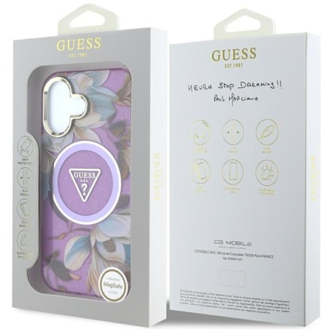 Guess Glitter Flowers Triangle Buttons MagSafe - Etui do iPhone 16 (fioletowy) Guess Glitter Flowers Triangle Buttons MagSafe - Etui do iPhone 16 (fioletowy)