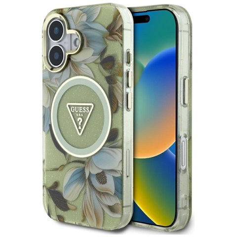 Guess Glitter Flowers Triangle Buttons MagSafe - Etui do iPhone 16 zielony Guess Glitter Flowers Triangle Buttons MagSafe - Etui do iPhone 16 zielony