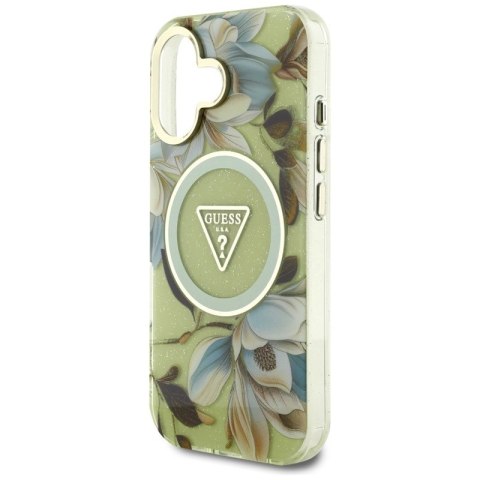 Guess Glitter Flowers Triangle Buttons MagSafe - Etui do iPhone 16 zielony Guess Glitter Flowers Triangle Buttons MagSafe - Etui do iPhone 16 zielony