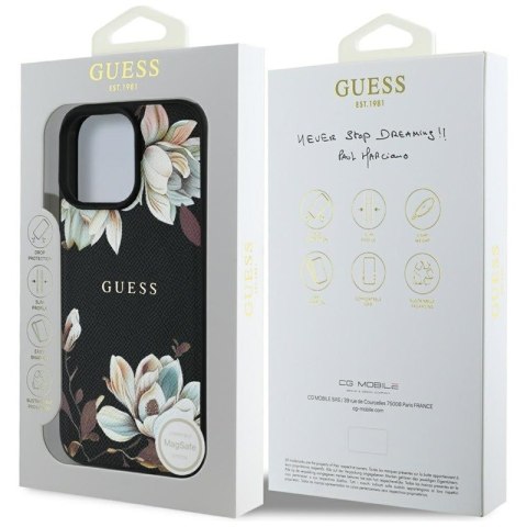 Guess Grained Printed Flower Pattern MagSafe - Etui do iPhone 16 Pro Max (czarny) Guess Grained Printed Flower Pattern MagSafe - Etui do iPhone 16 Pro Max (czarny)
