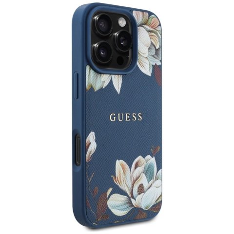 Guess Grained Printed Flower Pattern MagSafe - Etui do iPhone 16 Pro Max (niebieski) Guess Grained Printed Flower Pattern MagSafe - Etui do iPhone 16 Pro Max (niebieski)
