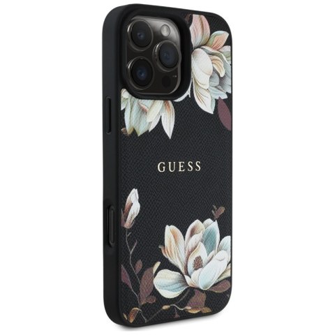 Guess Grained Printed Flower Pattern MagSafe - Etui do iPhone 16 Pro (czarny) Guess Grained Printed Flower Pattern MagSafe - Etui do iPhone 16 Pro (czarny)