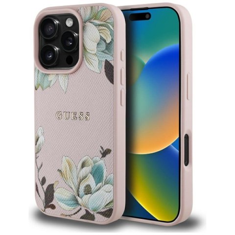 Guess Grained Printed Flower Pattern MagSafe - Etui do iPhone 16 Pro (różowy) Guess Grained Printed Flower Pattern MagSafe - Etui do iPhone 16 Pro (różowy)