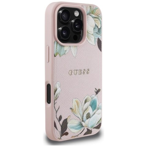Guess Grained Printed Flower Pattern MagSafe - Etui do iPhone 16 Pro (różowy) Guess Grained Printed Flower Pattern MagSafe - Etui do iPhone 16 Pro (różowy)