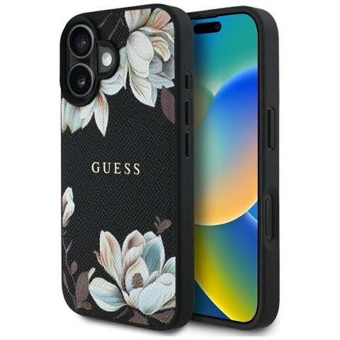 Guess Grained Printed Flower Pattern MagSafe - Etui do iPhone 16 (czarny) Guess Grained Printed Flower Pattern MagSafe - Etui do iPhone 16 (czarny)