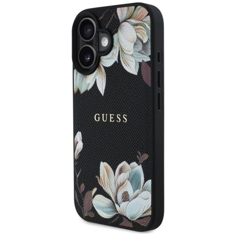 Guess Grained Printed Flower Pattern MagSafe - Etui do iPhone 16 (czarny) Guess Grained Printed Flower Pattern MagSafe - Etui do iPhone 16 (czarny)