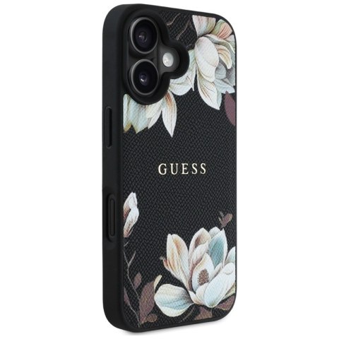 Guess Grained Printed Flower Pattern MagSafe - Etui do iPhone 16 (czarny) Guess Grained Printed Flower Pattern MagSafe - Etui do iPhone 16 (czarny)