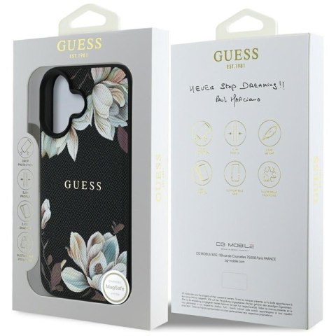 Guess Grained Printed Flower Pattern MagSafe - Etui do iPhone 16 (czarny) Guess Grained Printed Flower Pattern MagSafe - Etui do iPhone 16 (czarny)