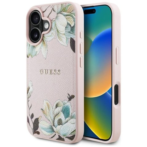 Guess Grained Printed Flower Pattern MagSafe - Etui do iPhone 16 (różowy) Guess Grained Printed Flower Pattern MagSafe - Etui do iPhone 16 (różowy)