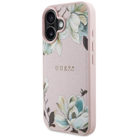 Guess Grained Printed Flower Pattern MagSafe - Etui do iPhone 16 (różowy) Guess Grained Printed Flower Pattern MagSafe - Etui do iPhone 16 (różowy)