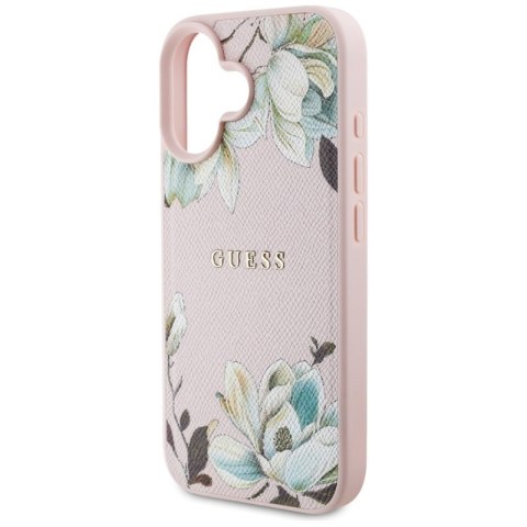 Guess Grained Printed Flower Pattern MagSafe - Etui do iPhone 16 (różowy) Guess Grained Printed Flower Pattern MagSafe - Etui do iPhone 16 (różowy)