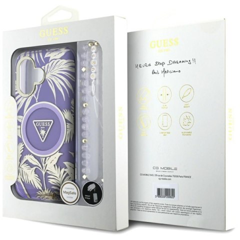 Guess Palm Trees Triangle Pearl Strap MagSafe - Etui do iPhone 16 (fioletowy) Guess Palm Trees Triangle Pearl Strap MagSafe - Etui do iPhone 16 (fioletowy)
