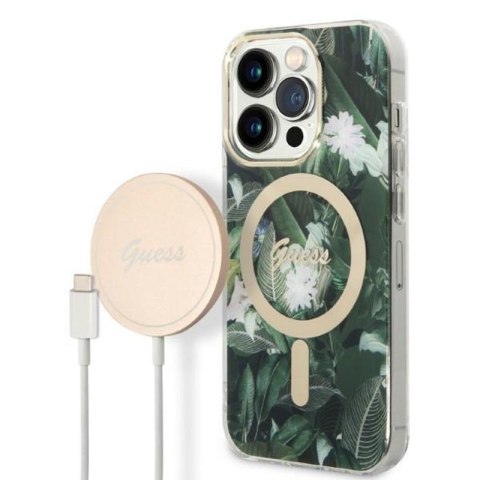 Guess Bundle Pack MagSafe IML Jungle - Zestaw etui + ładowarka MagSafe iPhone 14 Pro Max (khaki/złoty) Guess Bundle Pack MagSafe IML Jungle - Zestaw etui + ładowarka MagSafe iPhone 14 Pro Max (khaki/złoty)