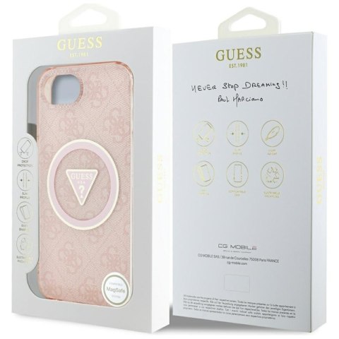 Guess IML Metal Glitter 4G Circle Triangle MagSafe - Etui do iPhone 16e (różowy) Guess IML Metal Glitter 4G Circle Triangle MagSafe - Etui do iPhone 16e (różowy)
