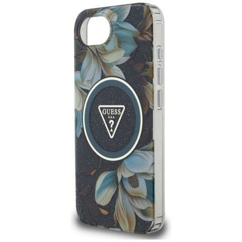 Guess IML Metal Glitter Flowers Triangle MagSafe - Etui do iPhone 16e (czarny) Guess IML Metal Glitter Flowers Triangle MagSafe - Etui do iPhone 16e (czarny)