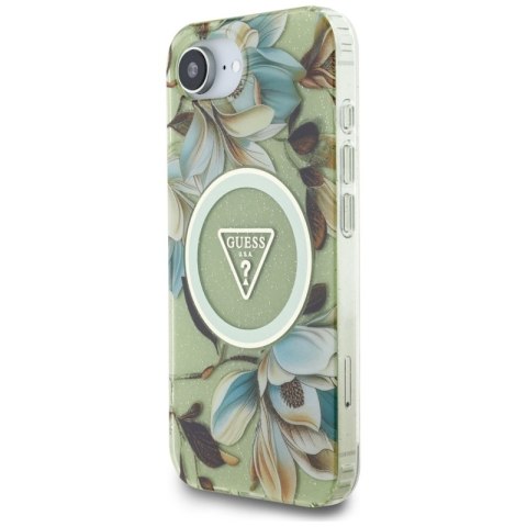 Guess IML Metal Glitter Flowers Triangle MagSafe - Etui do iPhone 16e (zielony) Guess IML Metal Glitter Flowers Triangle MagSafe - Etui do iPhone 16e (zielony)