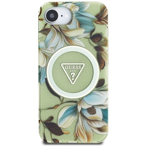 Guess IML Metal Glitter Flowers Triangle MagSafe - Etui do iPhone 16e (zielony) Guess IML Metal Glitter Flowers Triangle MagSafe - Etui do iPhone 16e (zielony)